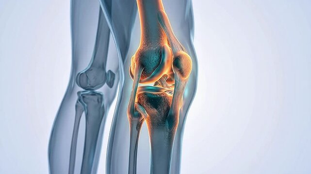 3D medical animation showing the anatomy of a human knee joint with an orange highlight representing pain or inflammation in the patella and ligaments.