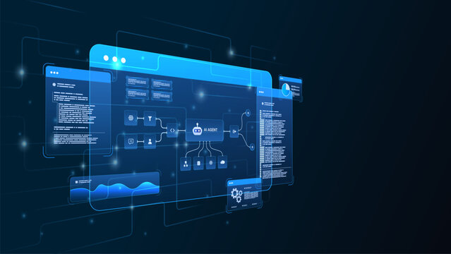 AI workflow automation artificial intelligence. futuristic ai system architecture and automation workflow visualization with code panels, connected modules, and data pipelines.