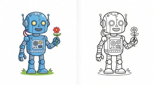Robot vector and coloring page featuring a cute mechanical android holding a flower, isolated on white background