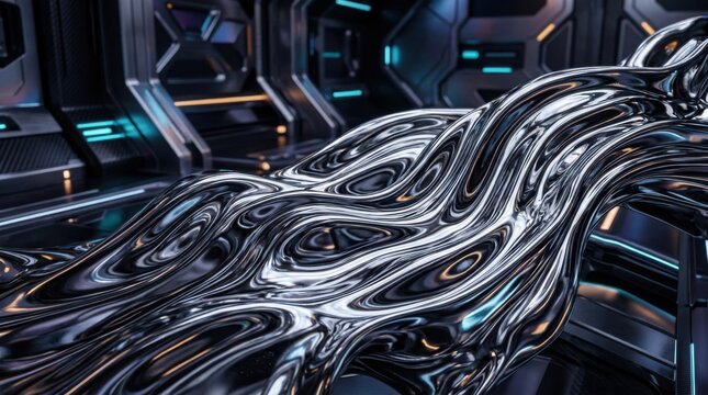 Flowing Liquid Metal Abstract Form in Futuristic Sci-Fi Interior