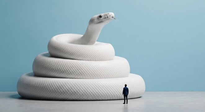 Conceptual photo of a tiny man looking up at a giant white python snake on a blue background