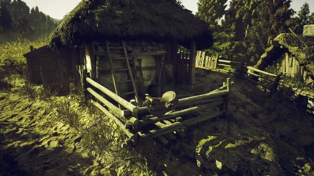 Vintage thatch facade with dramatic shadow and textured wood, closeup of porch and latch, artisanal repair vibe with weathered beams and sunlit contrast,