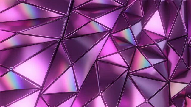 Mesmerizing 3D animation of abstract metallic purple faceted polygons with shimmering iridescent light reflections, creating an elegant geometric background loop for creative video projects.