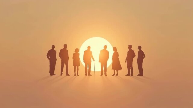 Silhouette Family Group Portrait of Diverse Human Figures Against Warm Sunset Backlight