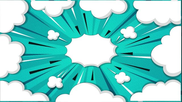 Comic book style blue background with white speech bubble and cloud elements