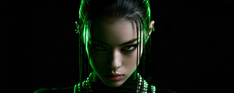 neon green portrait of an elegant east asian woman with pearls, dramatic beauty portrait with bold eyeliner and neon lighting, futuristic portrait of an woman with slicked back hair