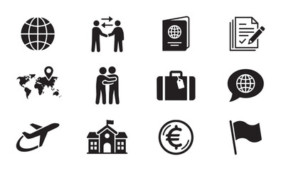 Obraz premium Travel and Business Icons: Globe, Passport, Suitcase, Airplane, World Map, Handshake, Euro Coin