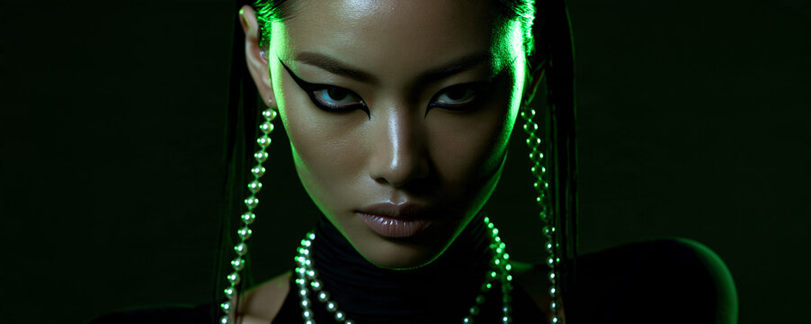 neon green portrait of an elegant east asian woman with pearls, dramatic beauty portrait with bold eyeliner and neon lighting, futuristic portrait of an woman with slicked back hair