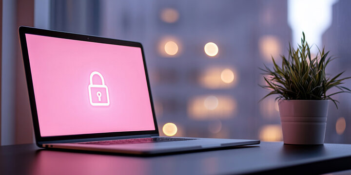 Laptop displaying cloud security interface on screen with green plant background