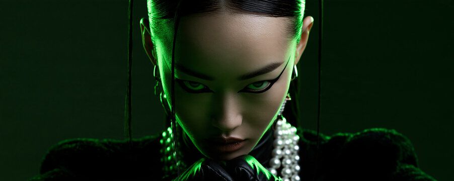 neon green portrait of an elegant east asian woman with pearls, dramatic beauty portrait with bold eyeliner and neon lighting, futuristic portrait of an woman with slicked back hair