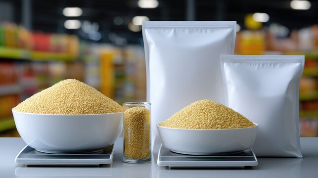 Side by side comparison of electronic kitchen scales with quinoa in glass measuring cups and bowls on a kitchen counter