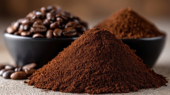 Close up view of two piles of ground coffee on brown paper sheets placed on a black scale for measuring in a warm light setting