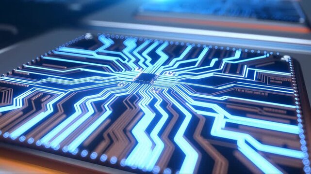 Central microchip lights up as vivid blue illumination spreads outward through copper circuit traces across dark electronic board, shown in detailed low-angle close-up with metallic reflections