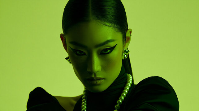 neon green portrait of an elegant east asian woman with pearls, dramatic beauty portrait with bold eyeliner and neon lighting, futuristic portrait of an woman with slicked back hair