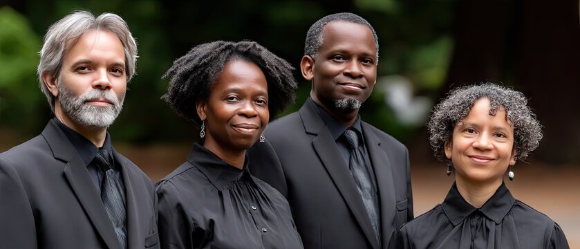 Four adults in dark clothing smiling together in a close group with blurred background and natural light setting