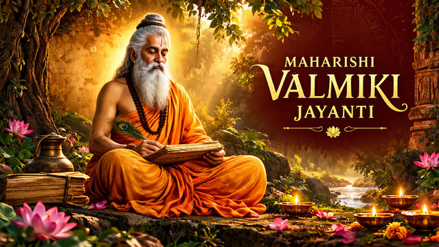 Maharishi Valmiki Jayanti Celebration Featuring Sage Valmiki Meditating Amidst Traditional Spiritual