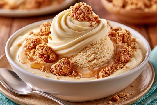 Creamy banana pudding dessert with crumbled cookie and caramel syrup