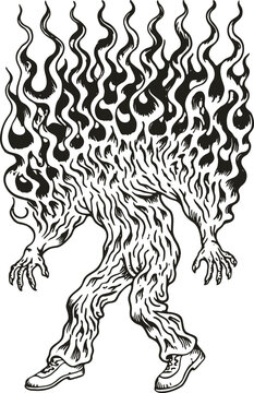 Walking Fire Creature Made of Flames with Clawed Hands and Shoes, Hand-Drawn Ink Illustration