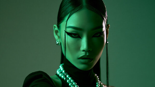 neon green portrait of an elegant east asian woman with pearls, dramatic beauty portrait with bold eyeliner and neon lighting, futuristic portrait of an woman with slicked back hair