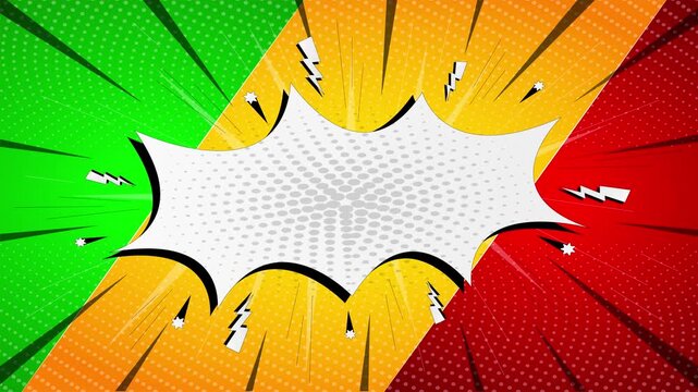 Comic book style speech bubble with radial lines and halftone pattern background