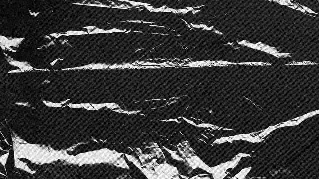 Abstract, black-and-white, textured illustration of crumpled, shiny plastic or tape stuck on a dark grainy background. Perfect for digital distortion overlays, grunge backgrounds.