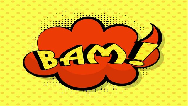 Comic book style BAM speech bubble animation on a yellow halftone background