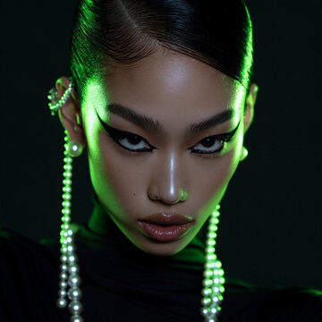 neon green portrait of an elegant east asian woman with pearls, dramatic beauty portrait with bold eyeliner and neon lighting, futuristic portrait of an woman with slicked back hair