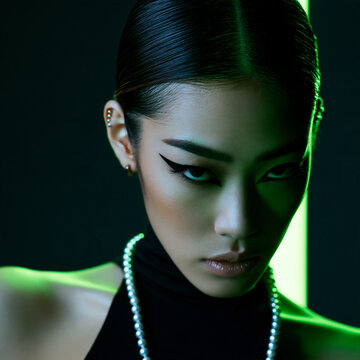 neon green portrait of an elegant east asian woman with pearls, dramatic beauty portrait with bold eyeliner and neon lighting, futuristic portrait of an woman with slicked back hair