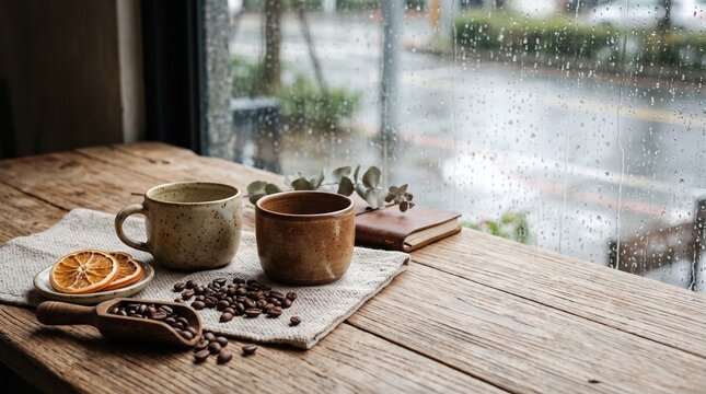 Cozy coffee break on a rainy day with dried orange slices and roasted beans by the window