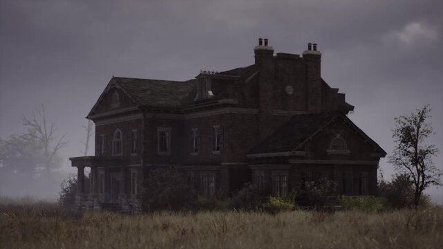 Ominous estate in slovak fog, heavy low clouds and damp grass surround hulking structure with boarded windows and twisted branches, cinematic horror aesthetic