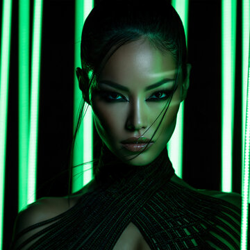 neon green portrait of an elegant east asian woman with pearls, dramatic beauty portrait with bold eyeliner and neon lighting, futuristic portrait of an woman with slicked back hair