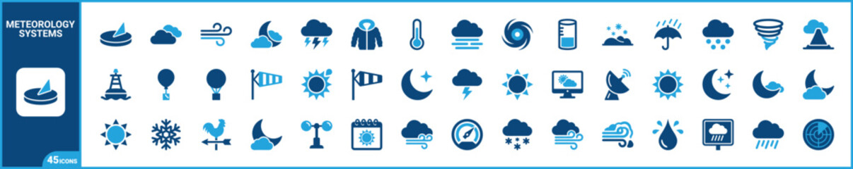 Obraz premium Weather and meteorology two-tone icon set. Filled glyph pictograms of climate, atmospheric, temperature, and forecasting elements, blue duotone illustration.