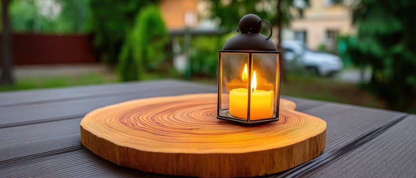 Evening view of a wooden deck featuring a wicker table with a candle and lantern
