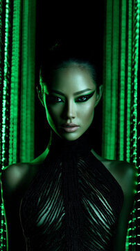 neon green portrait of an elegant east asian woman with pearls, dramatic beauty portrait with bold eyeliner and neon lighting, futuristic portrait of an woman with slicked back hair