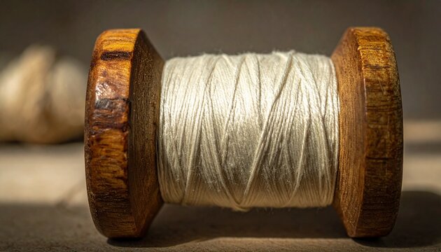 Close-up of a spool of white thread wound around a wooden reel, showcasing fine fibers, natural wood grain, and traditional textile crafting materials.