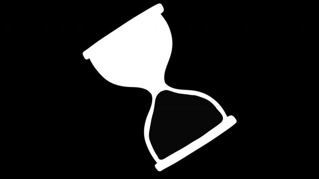 Animated white hand drawn hourglass icon isolated on black background in minimal style sandglass clock timer animation for loading, waiting, business concept or countdown design element.