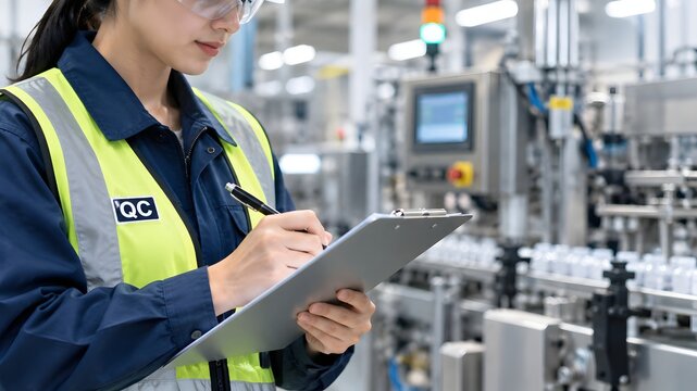 Quality control inspector with clipboard in plant