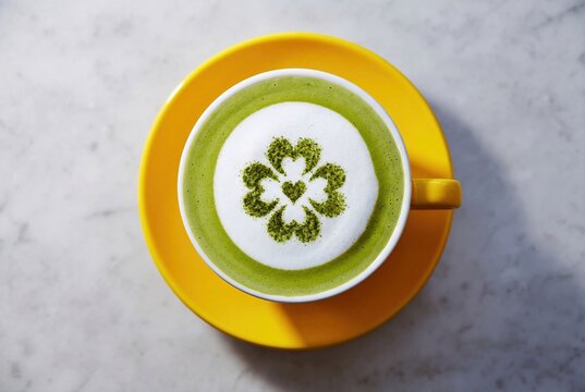 Matcha green tea latte with clover leaf art in a yellow cup on a marble table. Top down view photo