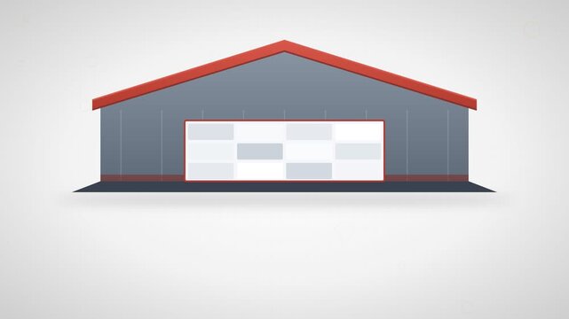 Modern industrial warehouse building vector illustration with a red gable roof and large sectional door, representing storage, logistics, and distribution centers