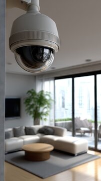 Modern security camera monitors a bright living room with sliding doors and outdoor patio