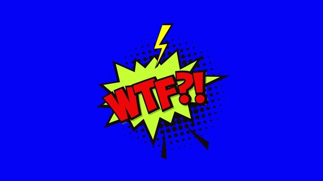 Comic book style WTF speech bubble animation on a solid blue background