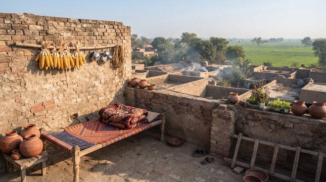 Traditional rural village rooftop, rustic mud brick house with woven charpoy bed, authentic countryside scene with terracotta clay pots and corn