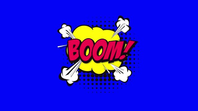 Comic book style boom explosion graphic animation on a blue background
