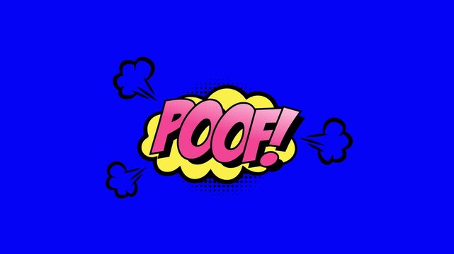 Comic book style Poof text animation with pop art explosion on blue background