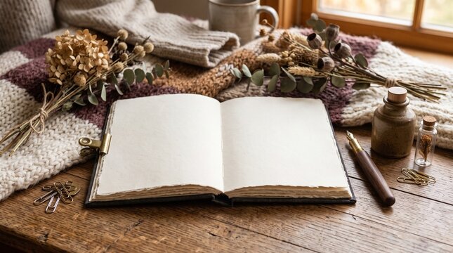 Cozy rustic open notebook on a wooden table surrounded by dried flowers, warm blanket, and vintage writing tools for autumn journaling