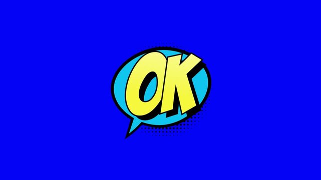 Animated OK comic speech bubble with yellow text on a blue background