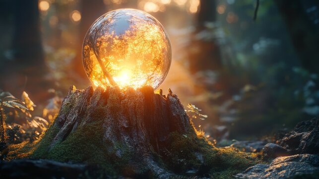 A glowing glass sphere rests on a mossy tree stump in a forest, with sunlight filtering through the background trees.