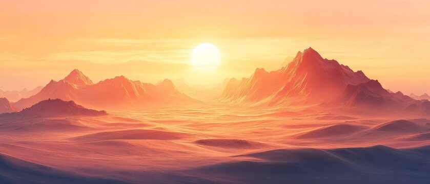 A panoramic desert landscape with rolling dunes and jagged mountains under a bright sun in a warm orange sky background.