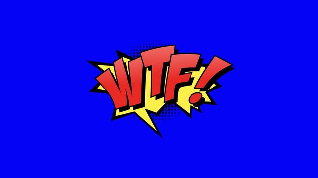 Animated comic book style WTF text bubble on a solid blue background