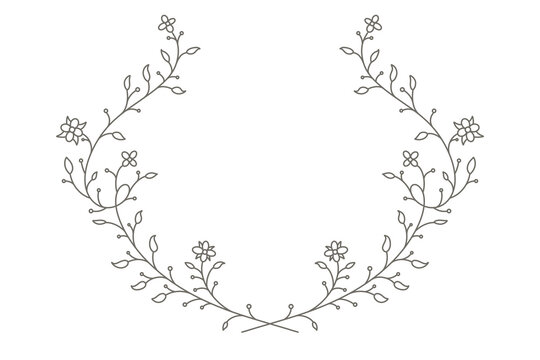 Hand drawn floral wreath line art with small flowers and leaves